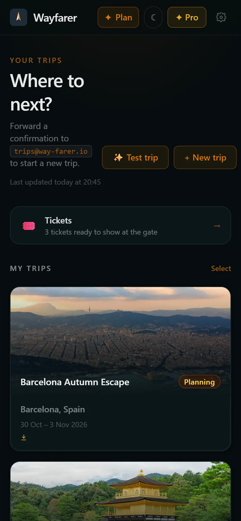 The Wayfarer trips list, showing the address to forward bookings to