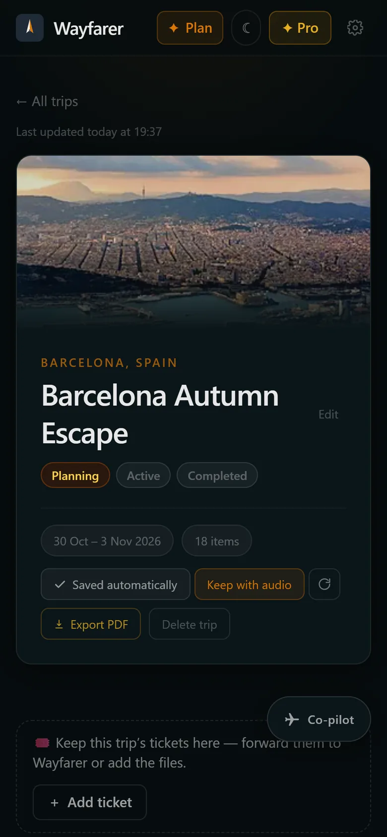 A trip saved to the phone automatically, with the option to keep its tour audio