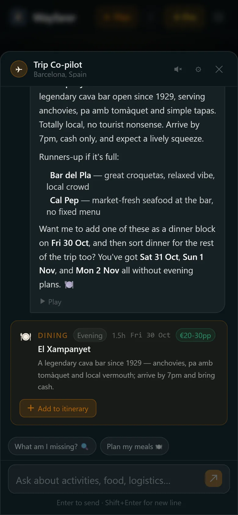 The Wayfarer co-pilot suggesting local restaurants near the hotel for a Friday night in Barcelona