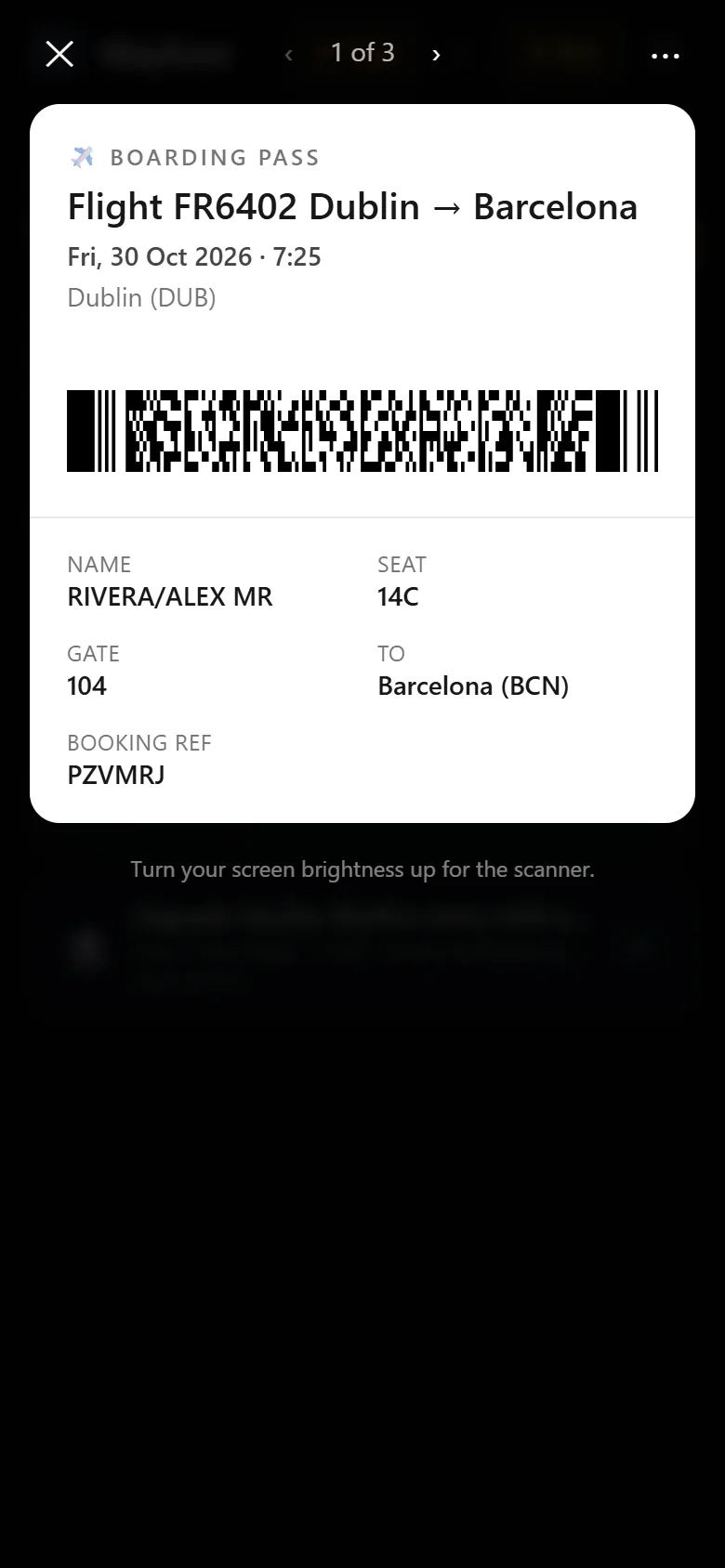 A boarding pass open in Wayfarer with its barcode ready to scan