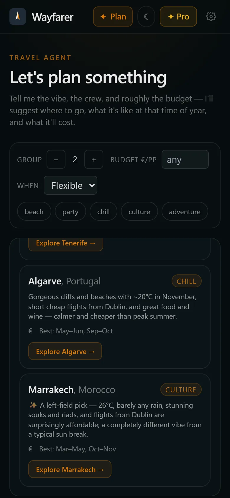 The Wayfarer travel planner suggesting where to go for a sunny long weekend